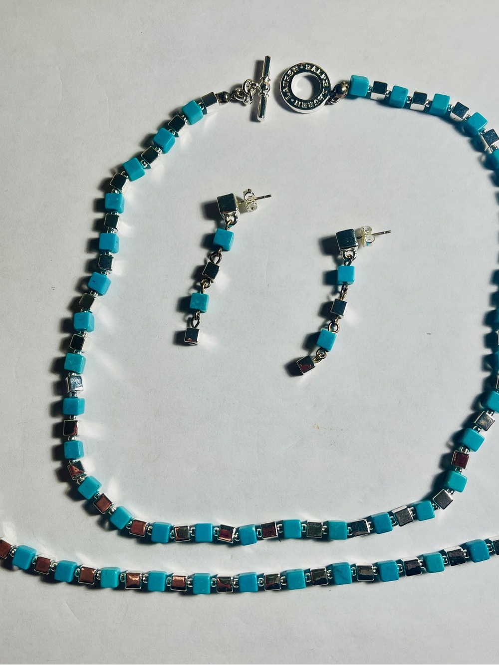 Ralph Lauren Turquoise Cube Bead Necklace, Bracelet, and Drop Earrings Set
